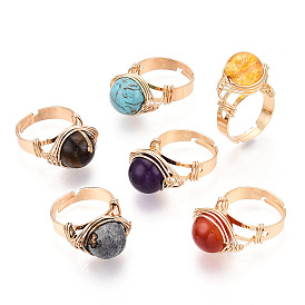 Natural Howlite & Citrine & Tiger Eye & Natural Carnelian & Amethyst & Lapis Lazuli Round Finger Rings, Brass Wire Wrapped Adjustable Ring for Women, Light Gold