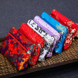 Rectangle Chinese Style Silk Zipper Pouches, Change Purses, with Chinese Buckle, for Bracelet, Necklace