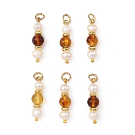 Natural Amber and Pearl Pendants, Round Beaded Charms with 304 Stainless Steel Jump Rings