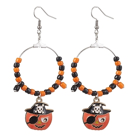 Glass Dangle Earrings, with Alloy Enamel Pendants and 316 Surgical Stainless Steel Earring Hooks, Pumpkin, For Halloween