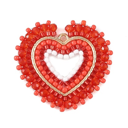 Glass Seed Beaded Pendants, Heart Charm, with Alloy Findings & Glass