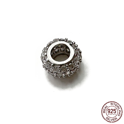 Rhodium Plated 925 Sterling Silver Spacer Beads, with Cubic Zirconia, Rondelle