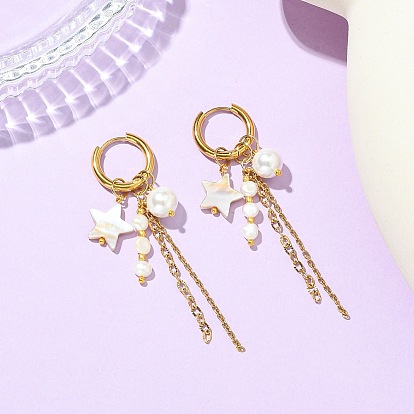 Серьги-кольца из натуральных пресноводных ракушек, 304 Серьги-цепочки из нержавеющей стали с текстурированными плетеными элементами и кисточками