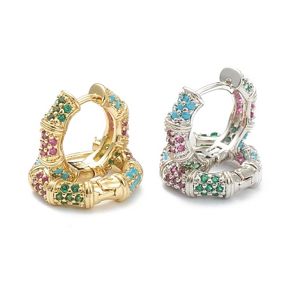 Brass Micro Pave Cubic Zirconia Huggie Hoop Earrings, Bamboo Stick, Colorful