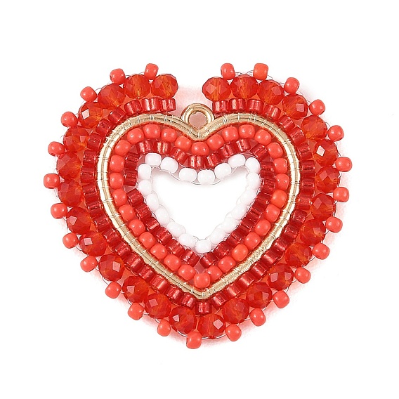 Glass Seed Beaded Pendants, Heart Charm, with Alloy Findings & Glass