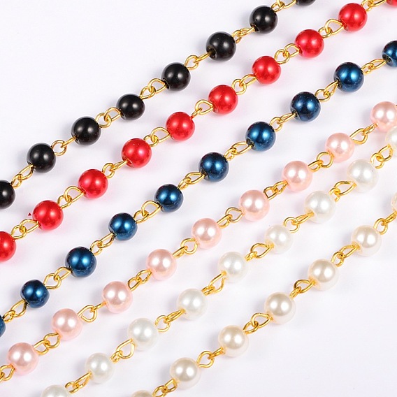 Handmade Round Glass Pearl Beads Chains for Necklaces Bracelets Making, with Golden Iron Eye Pin, Unwelded, 39.3 inch