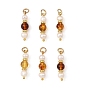 Natural Amber and Pearl Pendants, Round Beaded Charms with 304 Stainless Steel Jump Rings