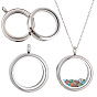 2Pcs 304 Stainless Steel Locket Pendants, Flat Round Double Sides with Glass Charms