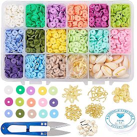 Сделай сам комплект ювелирных изделий, с эластичной нитью кристалл, бусины из натуральной каури, Подвески из сплава , латунные дистанционные бусины и прыжковые кольца, бусины из хеши из полимерной глины ручной работы, железо ножницами