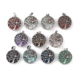 Gemstone Tree of Life with Owl Pendants, Rack Plating Anstique Silver Plated Alloy Siam Rhinestone Flat Round Charms, Lead Free & Cadmium Free