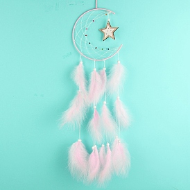 Moon & Star Woven Web/Net with Feather Hanging Ornaments, for Home Bedroom Hanging Decorations