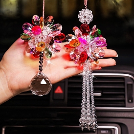 Glass Flower Pendant Decorations, Tassel for Car Rearview Mirror Hanging Ornament