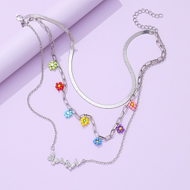 Alloy 3 Layer Necklaces, Glass Seed Beads Colorful Flower Bib Necklaces