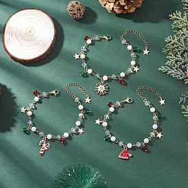 3шт. рождественские браслеты из сплава с эмалью, браслеты из круглых бусин из окрашенного стеклянного жемчуга для женщин