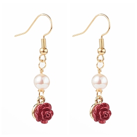 ABS Plastic Rose Dangle Earring, with Brass Earring Hooks and Natural Pearl Beads, Red