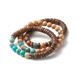 Wood Beads Stretch Bracelet Sets for Girl Women, Natural Coconut & Natural Imperial Jasper(Dyed) Beads Bracelets