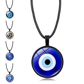 Blue Turkish Evil Eye Gemstone Pendant Necklace Women Black Leather Sweater Chain