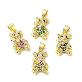 Rack Plating Brass Pave Cubic Zirconia Pendants, Bear Charms, Real 18K Gold Plated, Long-Lasting Plated, Cadmium Free & Lead Free