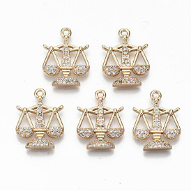 Brass Micro Pave Cubic Zirconia Pendants, Light Gold, Long-Lasting Plated, Cadmium Free & Lead Free, Balance Scale