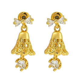 Brass Clear Cubic Zirconia Dangle Stud Earrings for Women, Christmas Bell & Bowknot