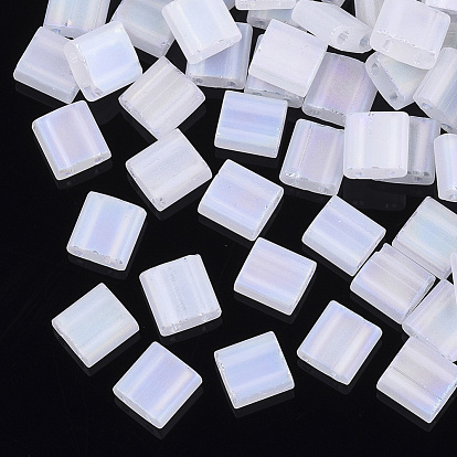 2-Hole Transparent Glass Seed Beads, Frosted AB Colours, Square