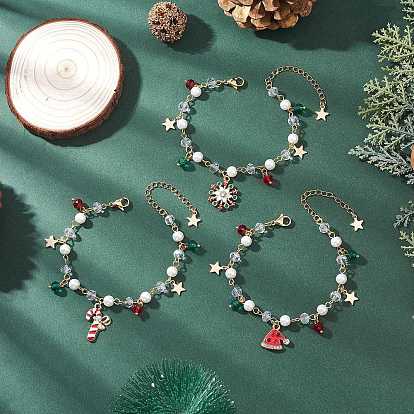 3шт. рождественские браслеты из сплава с эмалью, браслеты из круглых бусин из окрашенного стеклянного жемчуга для женщин