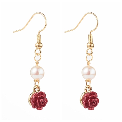ABS Plastic Rose Dangle Earring, with Brass Earring Hooks and Natural Pearl Beads, Red