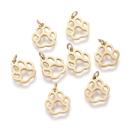 Ion Plating(IP) 304 Stainless Steel Pet Charms, Laser Cut, with Jump Ring, Dog Footprint