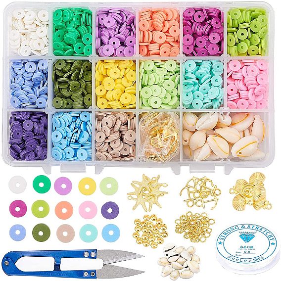 Сделай сам комплект ювелирных изделий, с эластичной нитью кристалл, бусины из натуральной каури, Подвески из сплава , латунные дистанционные бусины и прыжковые кольца, бусины из хеши из полимерной глины ручной работы, железо ножницами