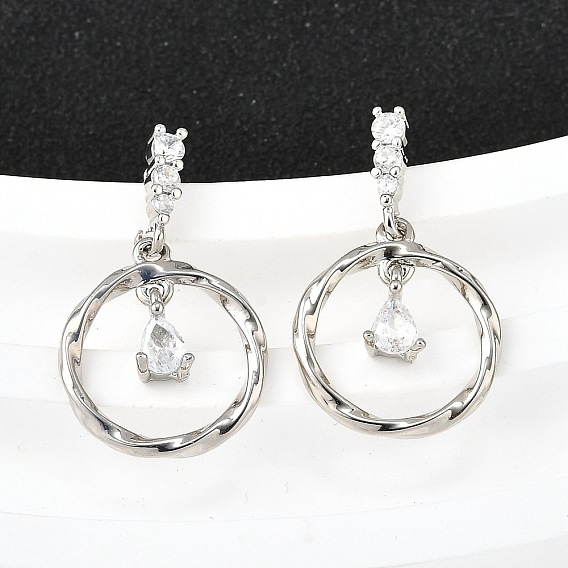 Серьги-гвоздики с цирконом из латуни, плоский круг со слезой