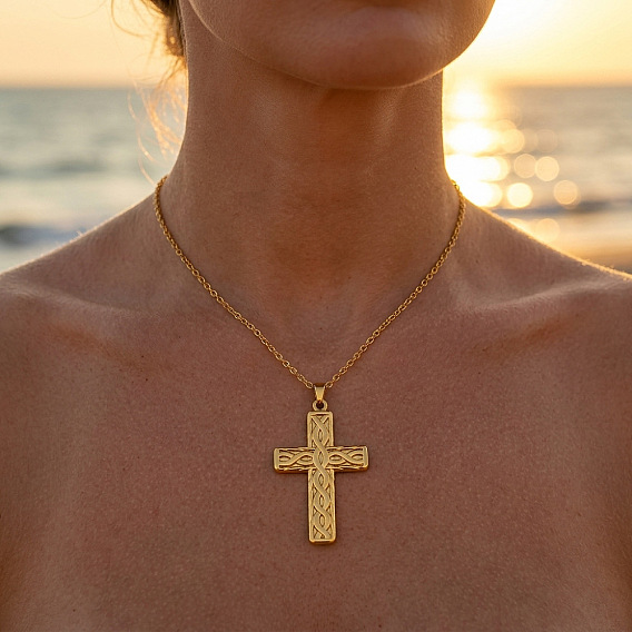 304 Stainless Steel Textured Religion Cross Pendant Necklaces