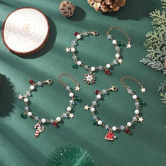 3шт. рождественские браслеты из сплава с эмалью, браслеты из круглых бусин из окрашенного стеклянного жемчуга для женщин