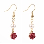 ABS Plastic Rose Dangle Earring, with Brass Earring Hooks and Natural Pearl Beads, Red