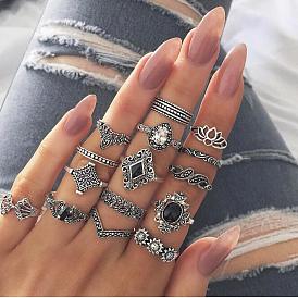 15-Piece Set of Unique and Trendy Hollow Lotus, Sunflower, Geometric Black Sapphire Ring Collection