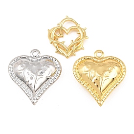 Brass Pendants, Heart Charms, Rack Plating, Long-Lasting Plated, Lead Free & Cadmium Free