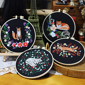 DIY Fox & Flower Painting Embroidery Beginner Kits, Including Printed Cotton Fabric, Embroidery Thread & Needles, Round Embroidery Hoop, Threader, Instruction Sheet