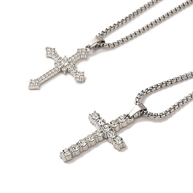 Colliers en alliage de zinc avec pendentif croix en strass, 201 inoxydable chaînes d'acier colliers