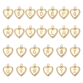 26 шт. 26 стили латунные инициальные подвески, подвески в виде сердца с буквами a~z и соединительными кольцами, долговечный, без свинца, без кадмии и без никеля, стойки покрытие