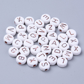 Perles acryliques blanches opaques, métal enlacée, trou horizontal, plat rond avec des lettres aléatoires
