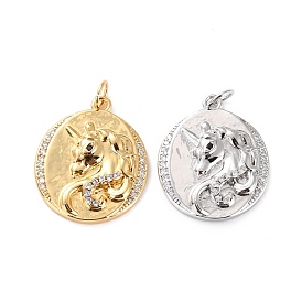 Brass Micro Pave Cubic Zirconia Pendants, Long-Lasting Plated, Real 18K Gold Plated, Cadmium Free & Lead Free, Flat Round with Unicorn