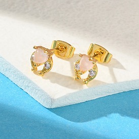 Brass Micro Pave Cubic Zirconia Stud Earrings For Women, with Resin Heart & Horseshoe