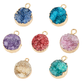 7Pcs 7 Colors Natural Druzy Agate Pendants, with Real 18K Gold Plated Brass Finding, Long-Lasting Plated, Flat Round, Dyed