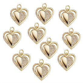 10Pcs Brass Micro Pave Cubic Zirconia Pendants, with Jump Rings, Golden, Heart