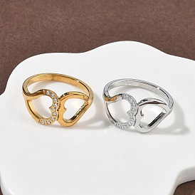 304 женские кольца из нержавеющей стали с кубическим цирконием, сердце, ионное покрытие (ip)