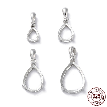 Rhodium Plated Rack Plating 925 Sterling Silver Pendants Cabochon Settings, Teardrop Prong Basket Setting, with 925 Stamp