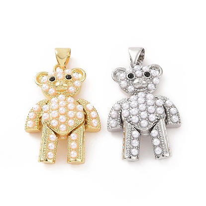 Brass Micro Pave Cubic Zirconia Pendants, Cadmium Free & Lead Free, with ABS Imitation Pearl, Mechanical Charms, Bear Charm