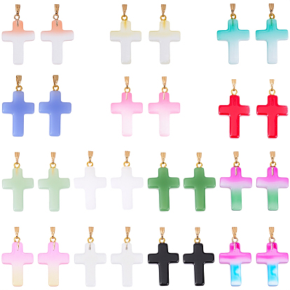 28Pcs 14 Styles Glass Pendants, with Golden Plated Iron Findings, Cross