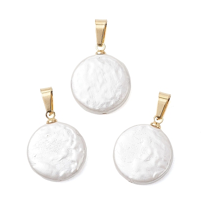 Оболочки жемчужина подвески, плоские круглые подвески с 304 защелкивающимися креплениями из нержавеющей стали, белые