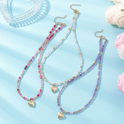 3 шт. 3 стили латунный медальон в форме сердца, ожерелья из граненых круглых бусин натурального аметиста, розового кварца и окрашенного агата, золотые