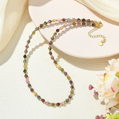 Faceted Round Natural Multicolor Tourmaline & Brass Beaded Necklaces